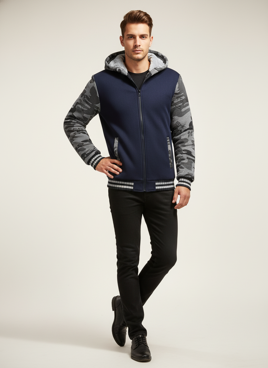 Visconte Heren Fleece Hooded Jacket – Warme Colorblock Winterjas, Casual Capuchonjas voor Herfst & Winter