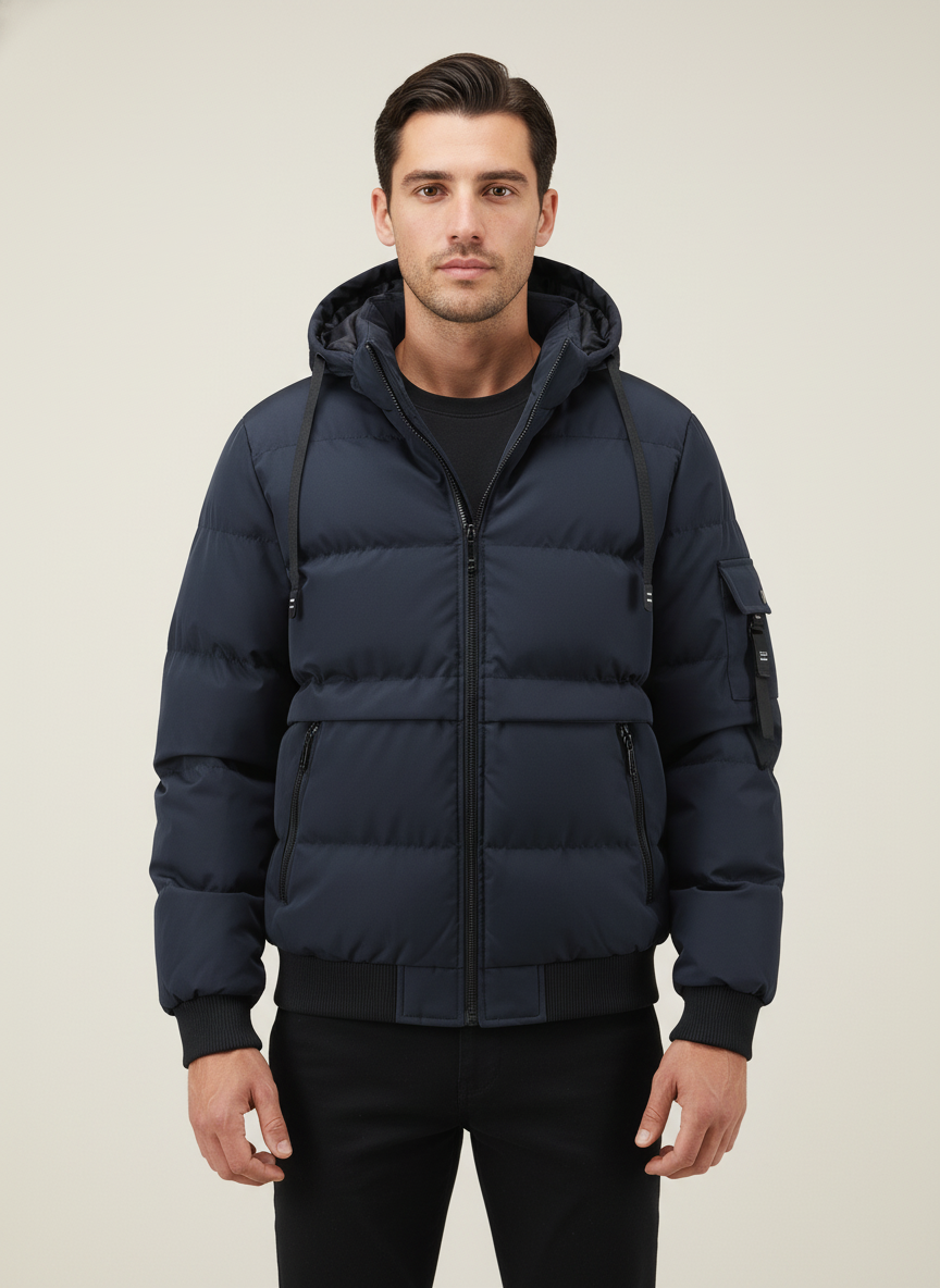 Visconte Heren Winterjas – Heavy-Duty Hooded Full-Zip Jas met Mouwzakken, Navy Cold-Weather Outdoorjas, Casual & Formeel