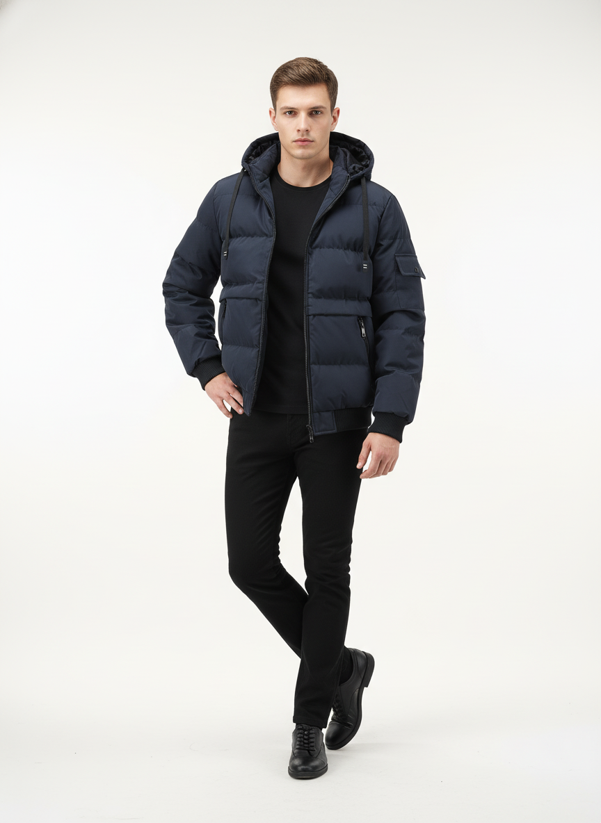 Visconte Heren Winterjas – Heavy-Duty Hooded Full-Zip Jas met Mouwzakken, Navy Cold-Weather Outdoorjas, Casual & Formeel