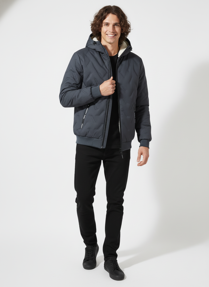Visconte | Heren Winterjas Waterdicht dons | Fleece gevoerde Quilted jas, fleecevoering, trekkoordcapuchon, zwarte winterjas