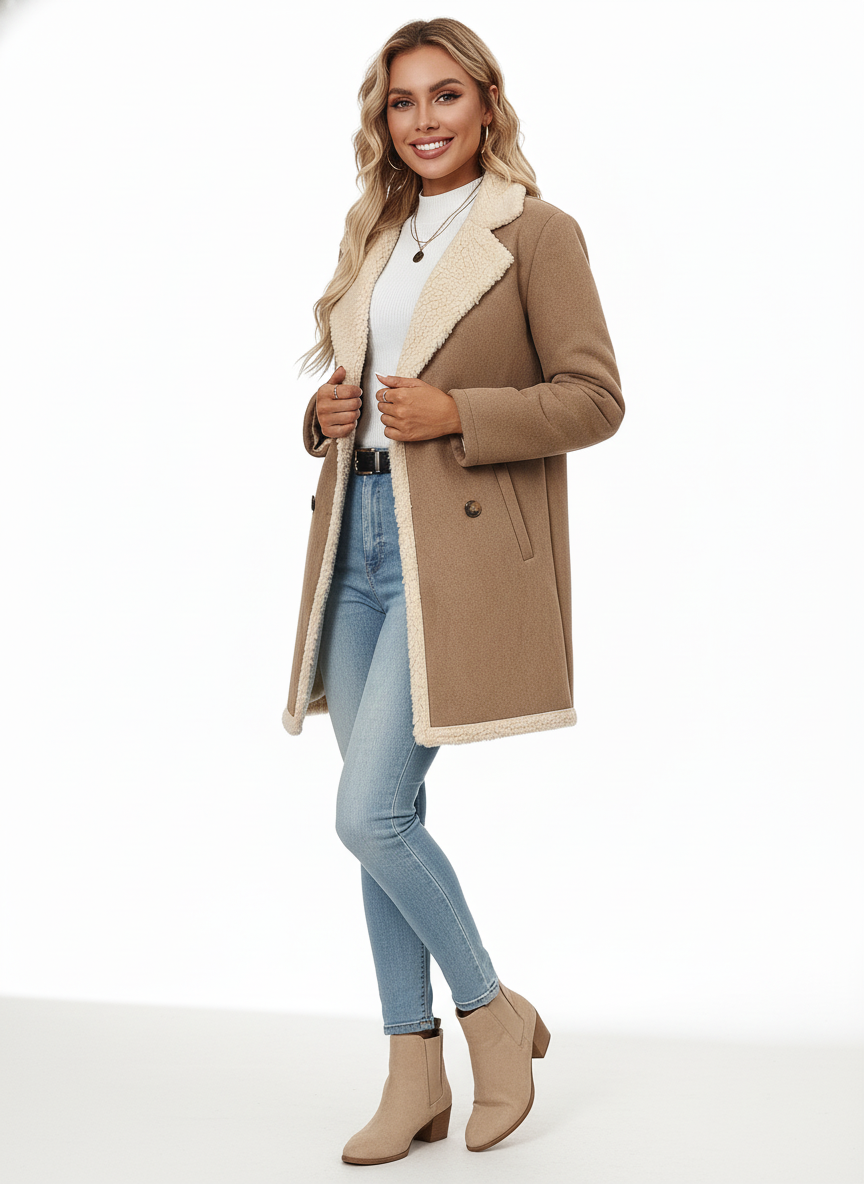 Visconte | Dames Lange Mantel | Wolblend double-breasted coat, contrastdetails, elegante warme winterjas