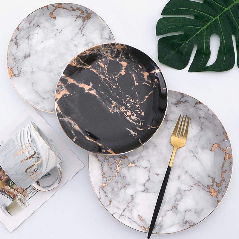 Michaelangelo | Luxe Marmeren Porseleinen Borden met Gouden Rand – Dessert-, Steak- & Dinerborden