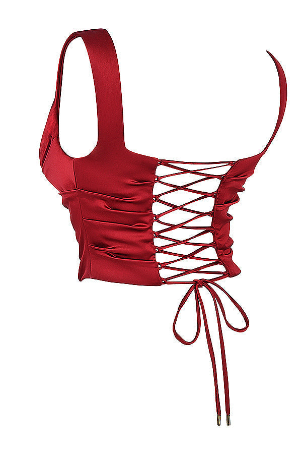 Set robijnrood korset met kanten achterkant en schuin uitgesneden satijnen maxirok