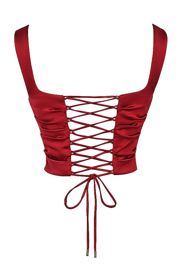 Set robijnrood korset met kanten achterkant en schuin uitgesneden satijnen maxirok