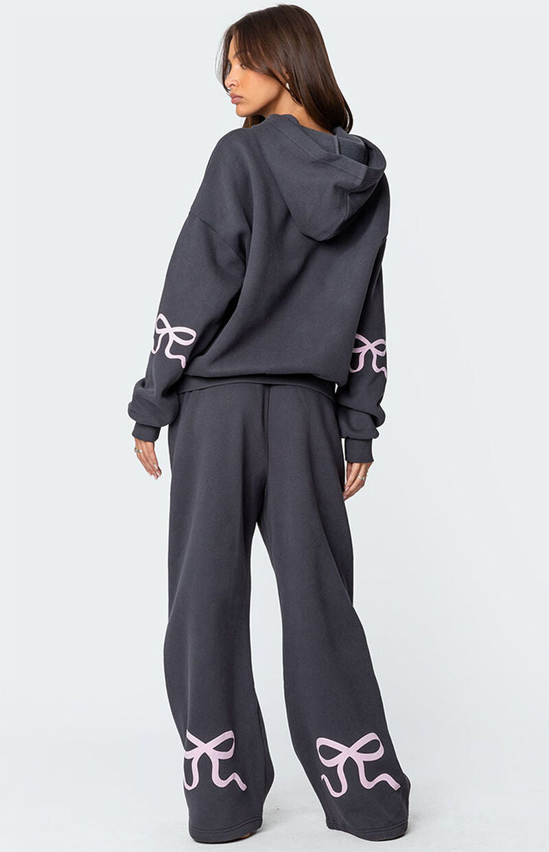 Grijze Tracksuit Dames - Roze Strik - Regular Fit - Moderne Touch - Essential Elegance