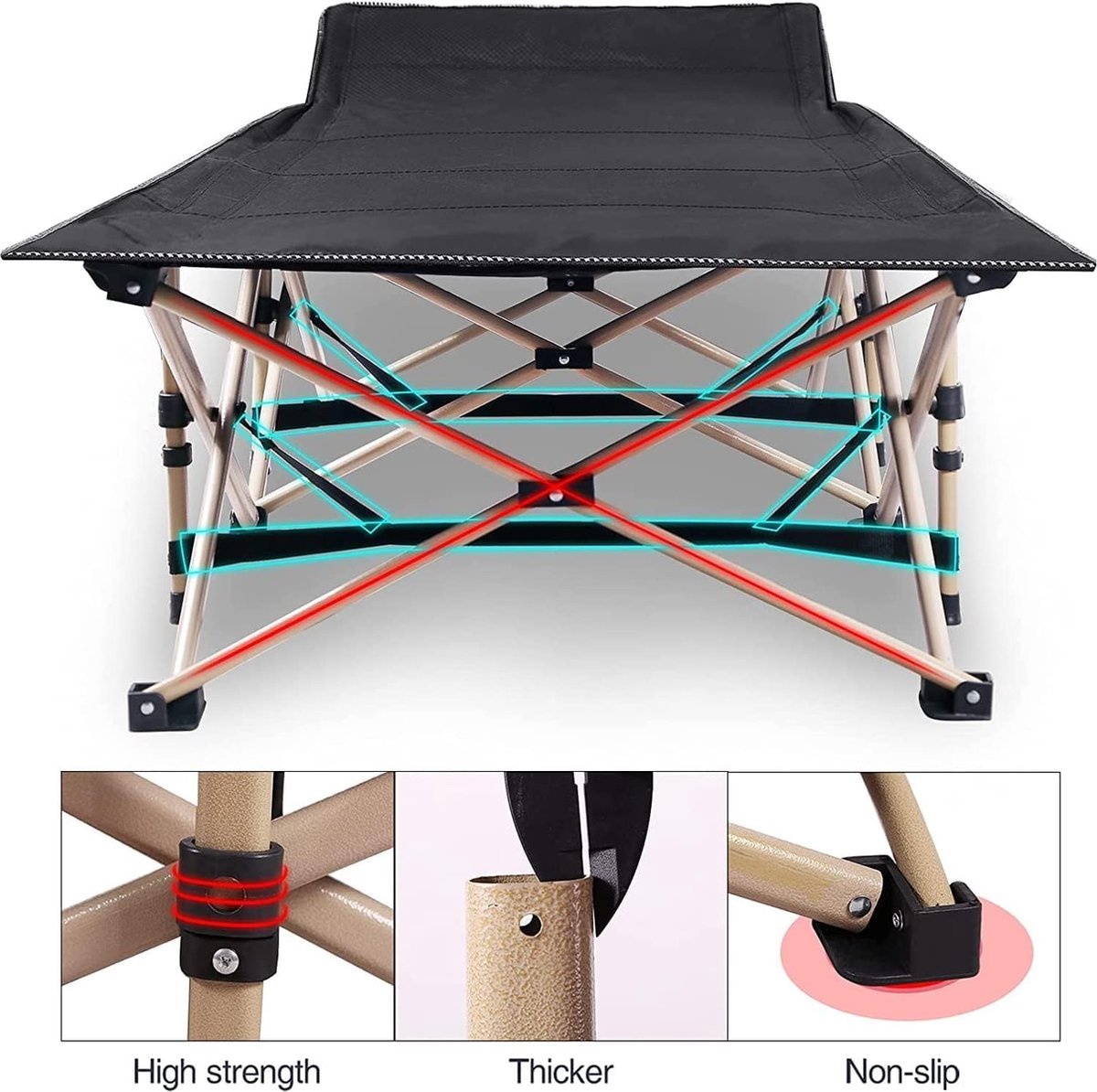 Vouwbare campingbedden voor volwassenen, extra brede zware zware stabiele lagerbed, draagbaar, sterke dikkere buizen, slaapbed voor buiten, reiskantoor