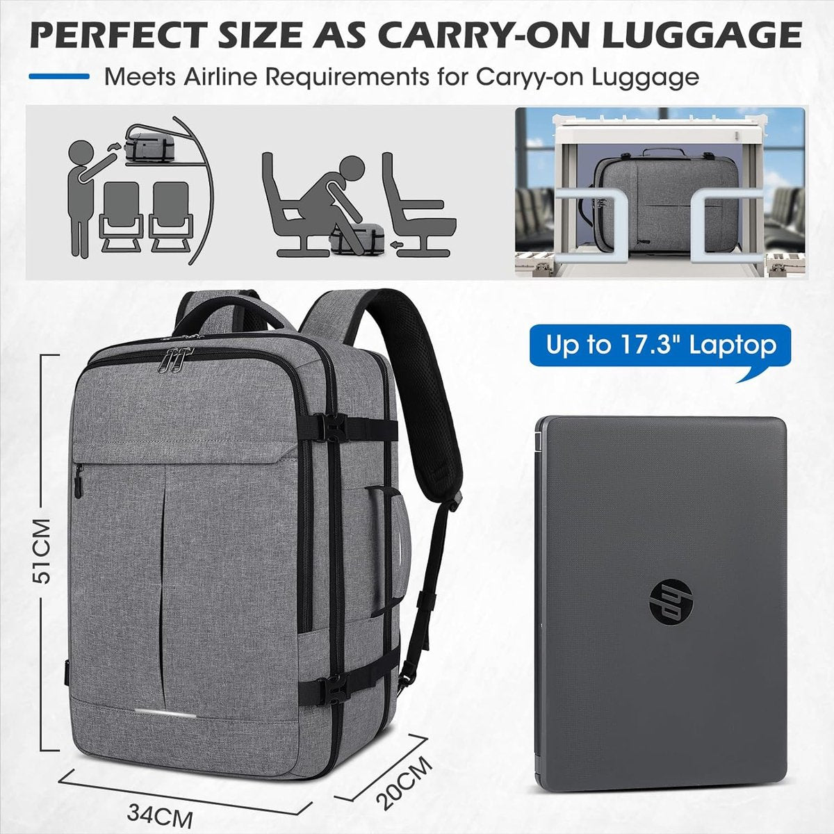 Reisrugzak voor heren en dames, handbagage, rugzak, vliegtuig, grote laptoprugzak, 17 inch, waterdichte dagrugzak, weekendrugzak, zakelijke rugzak