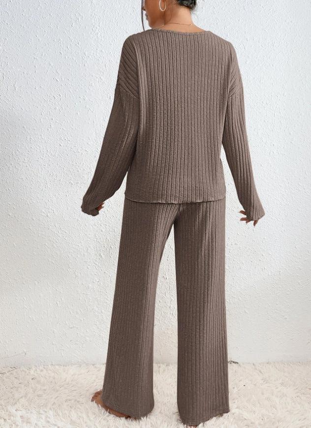 Lounara Gebreide Tweedelige Set Dames - Zachte Trui met Bijpassende Broek en Elastische Taille - Warme Loungewear Set voor Thuis in 7 Kleuren