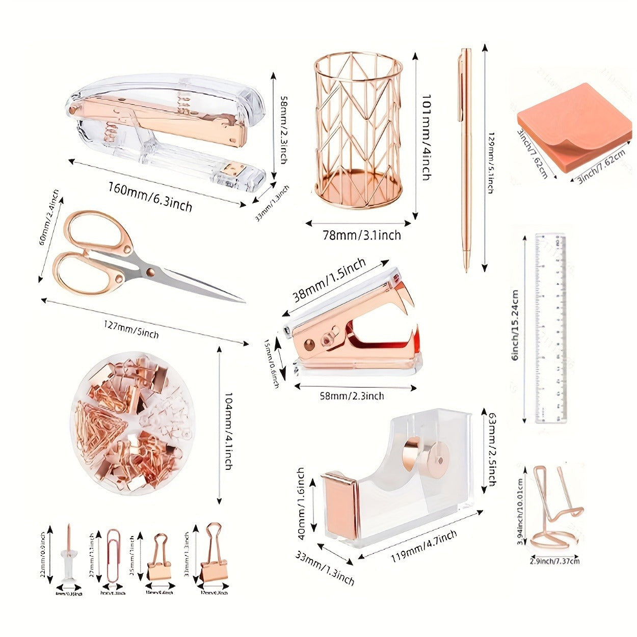 Roségouden acryl bureau organizer set | Bureau organizer | Complete set met nietmachine, liniaal en meer