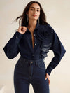 Denim Blouse met Bloem Detail | Damesblouses | Unieke en Artistieke Casual Outfit