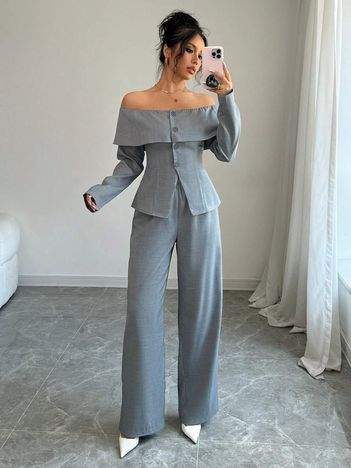 Chique Grijze 2-delige Outfit | Dames Outfit | Moderne Zakelijke en Casual Dracht