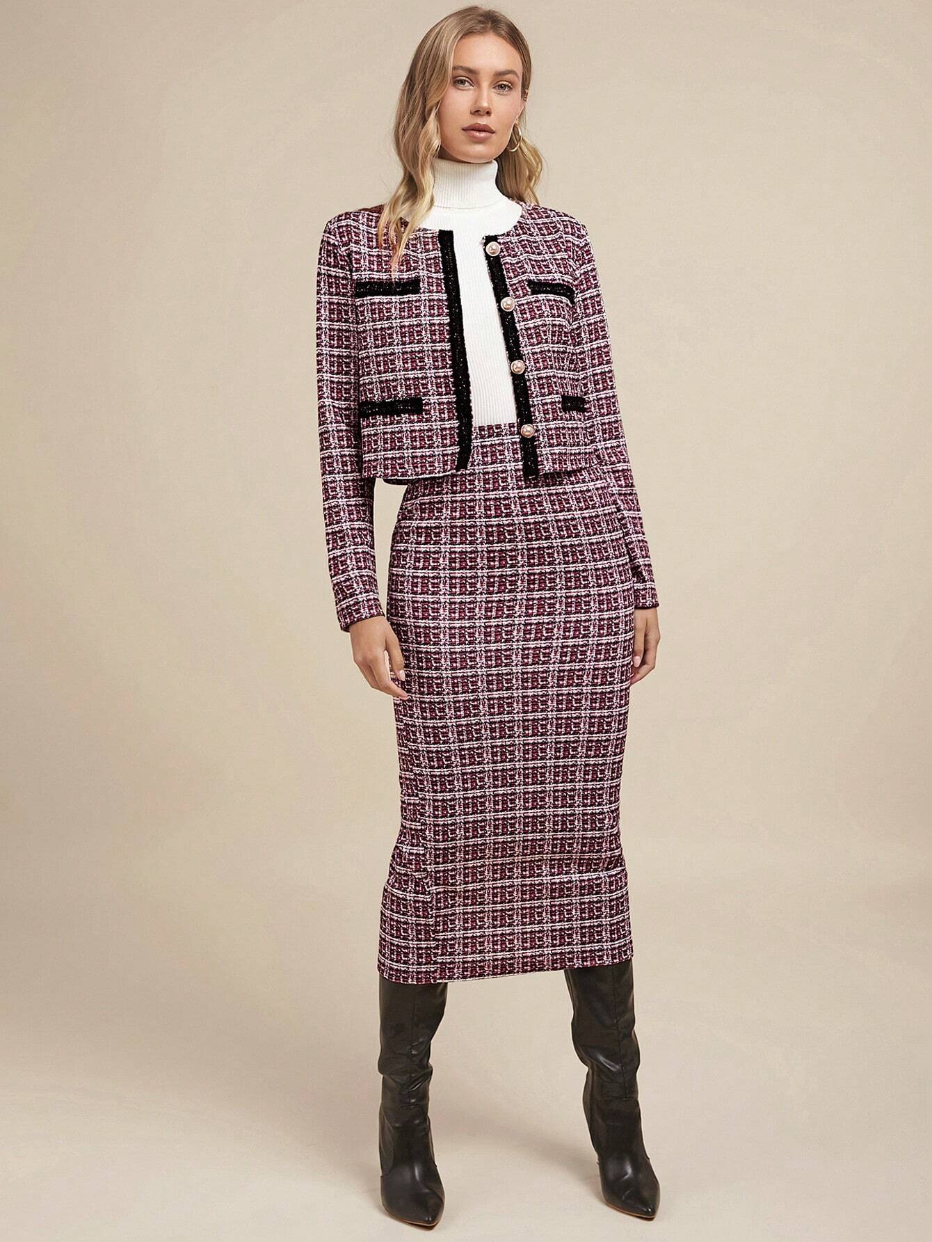 Chique Tweed Rokpak | Damespakken | Elegante Kantooroutfit met Tweed