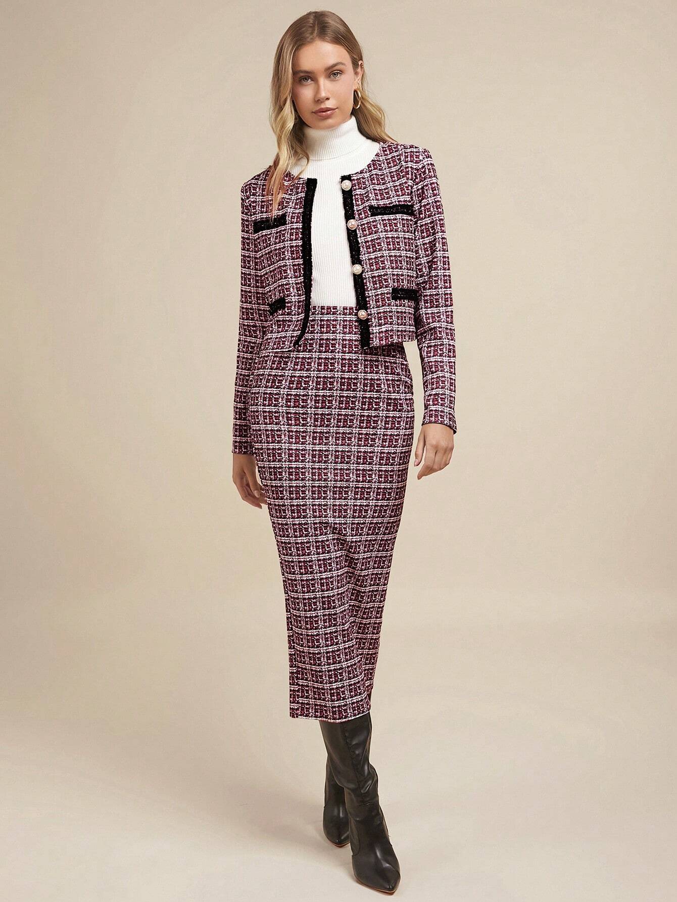 Chique Tweed Rokpak | Damespakken | Elegante Kantooroutfit met Tweed