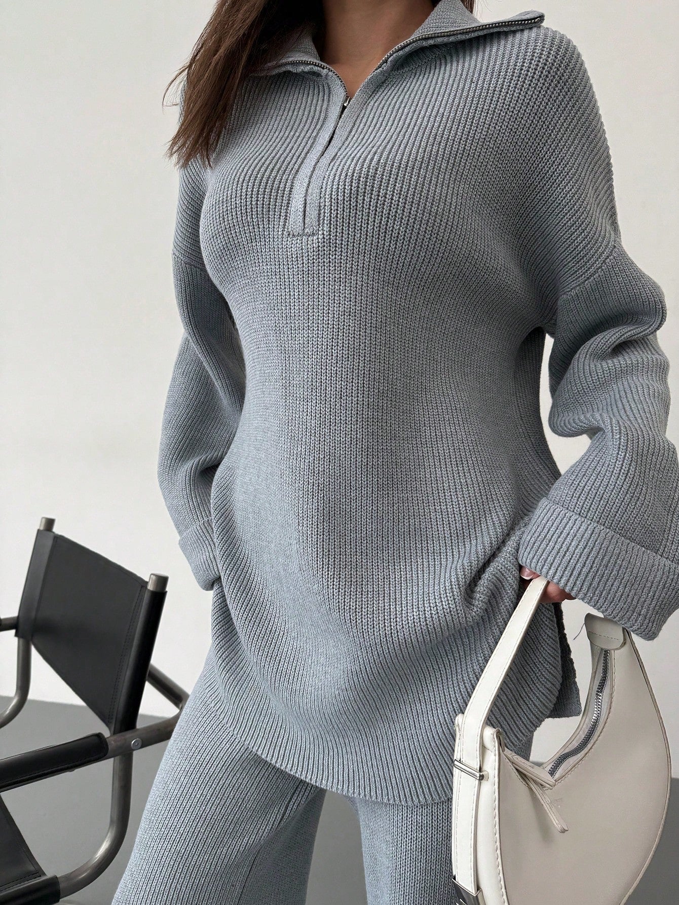Casual Grijze Woon-Werkverkeer Set | Damespakken | Comfortabele Gebreide Tweedelige Set voor Dagelijks Gebruik