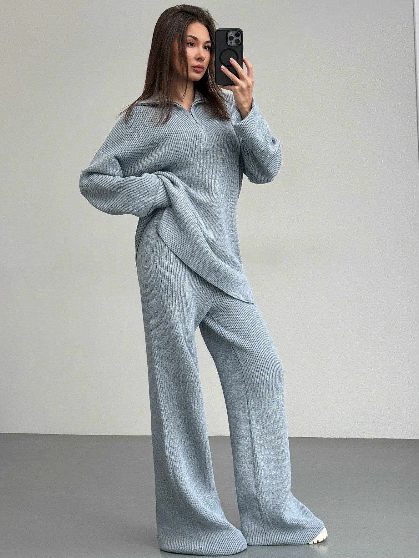 Casual Grijze Woon-Werkverkeer Set | Damespakken | Comfortabele Gebreide Tweedelige Set voor Dagelijks Gebruik