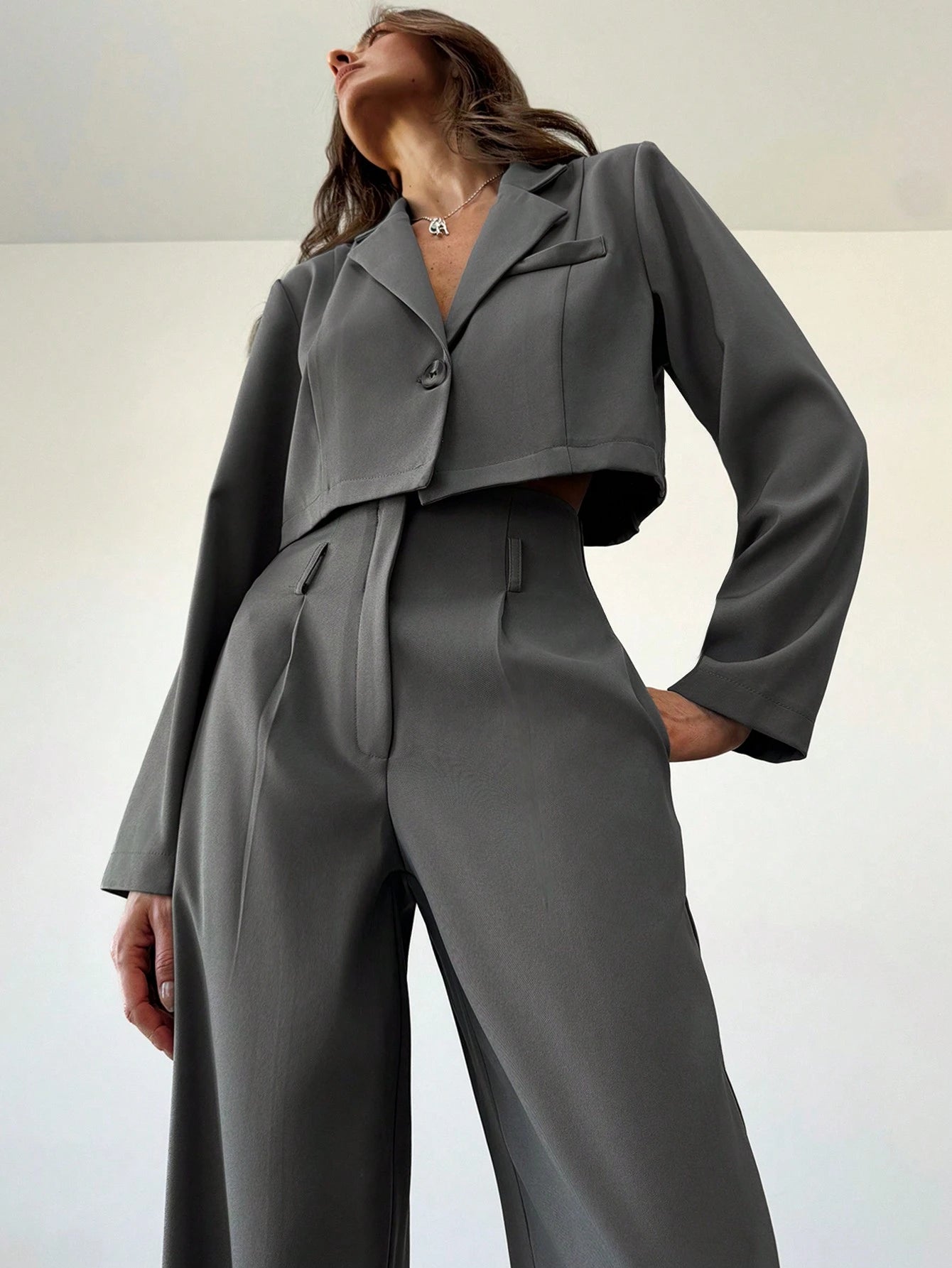 Retro Cropped Collar Pak | Damespakken | Chic Tweedelig Pak met Hoge Taille Broek voor Kantoor