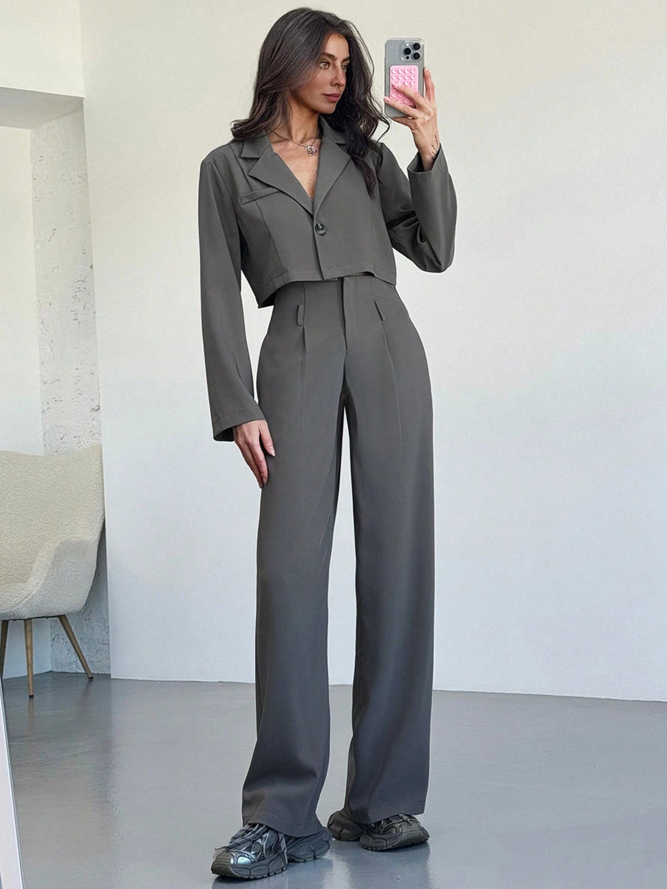Retro Cropped Collar Pak | Damespakken | Chic Tweedelig Pak met Hoge Taille Broek voor Kantoor