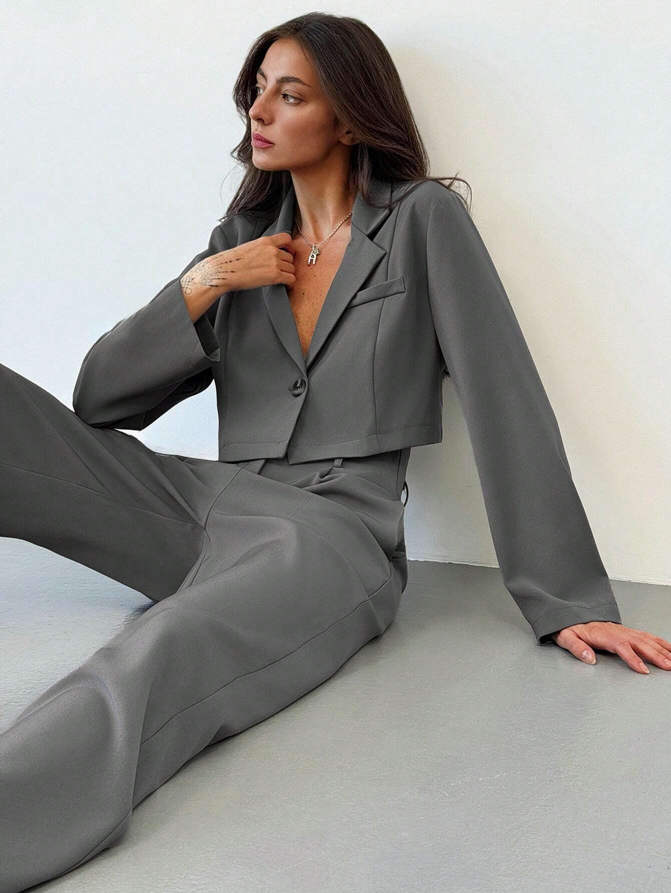 Retro Cropped Collar Pak | Damespakken | Chic Tweedelig Pak met Hoge Taille Broek voor Kantoor