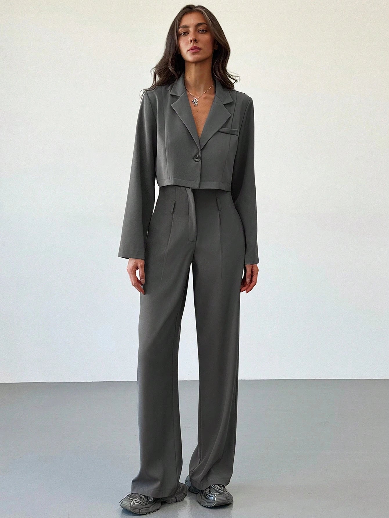 Retro Cropped Collar Pak | Damespakken | Chic Tweedelig Pak met Hoge Taille Broek voor Kantoor