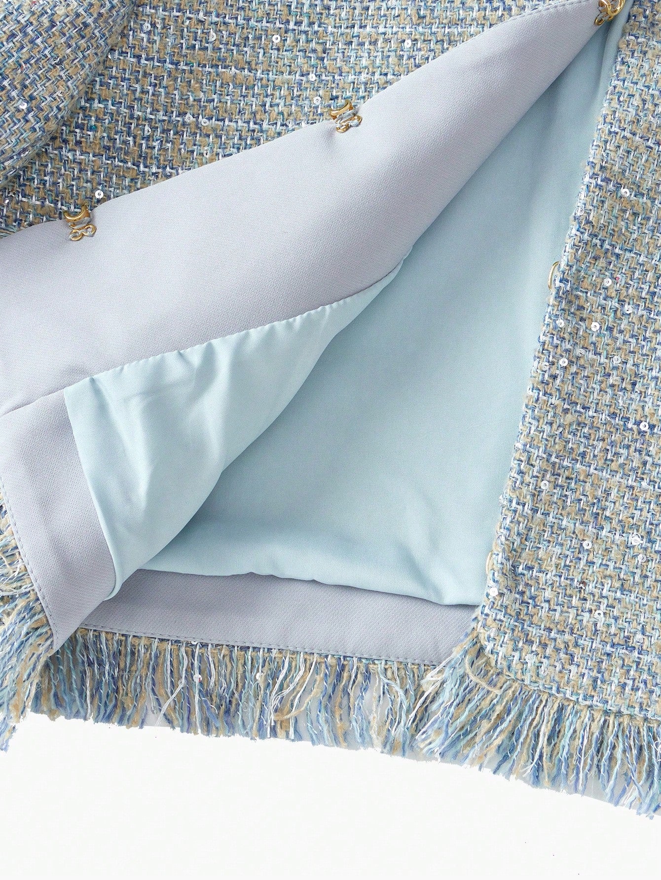 Lichtblauwe Tweedelige Tweed Set | Damespakken | Elegante en Zakelijke Uitstraling