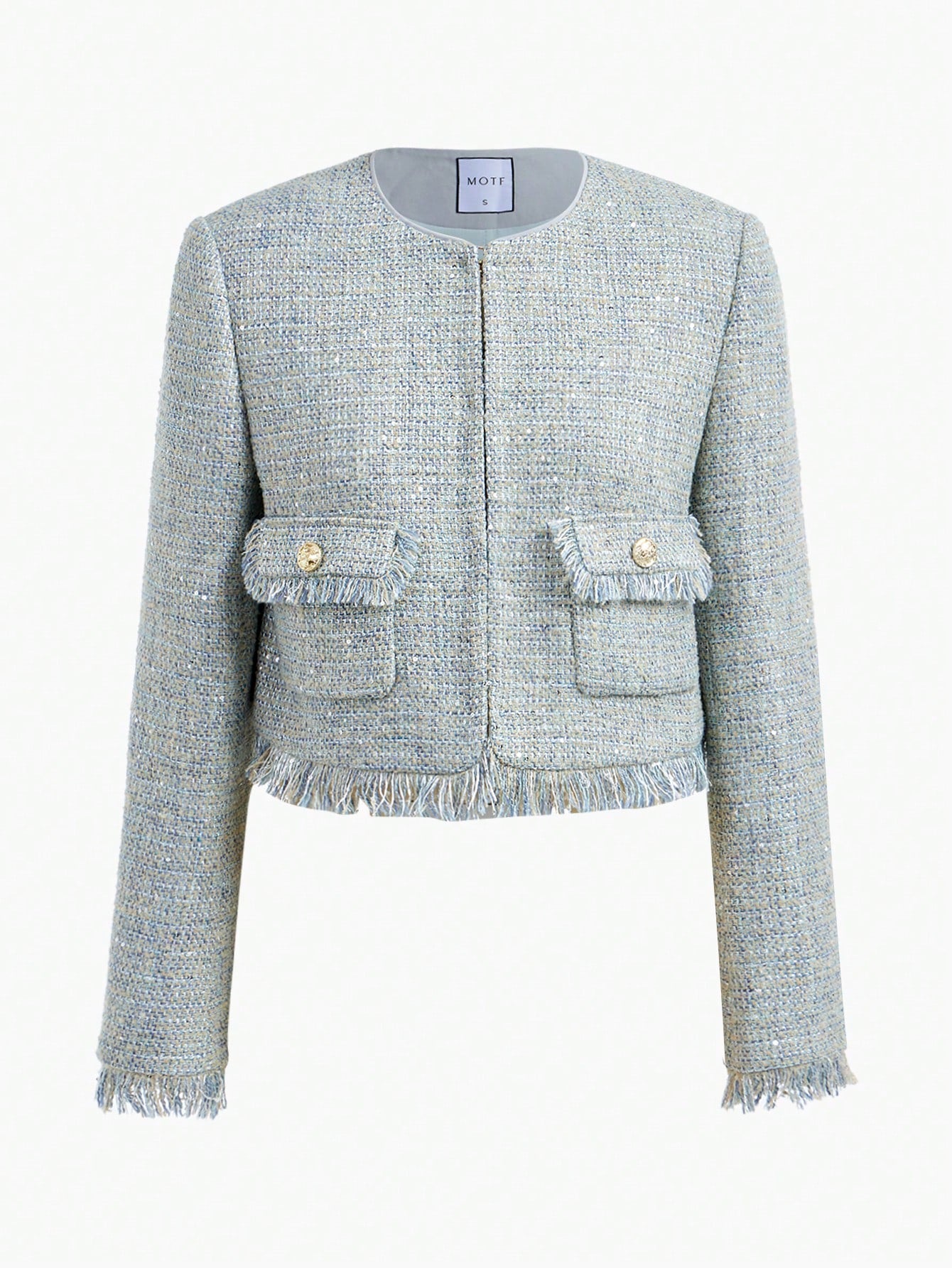 Lichtblauwe Tweedelige Tweed Set | Damespakken | Elegante en Zakelijke Uitstraling