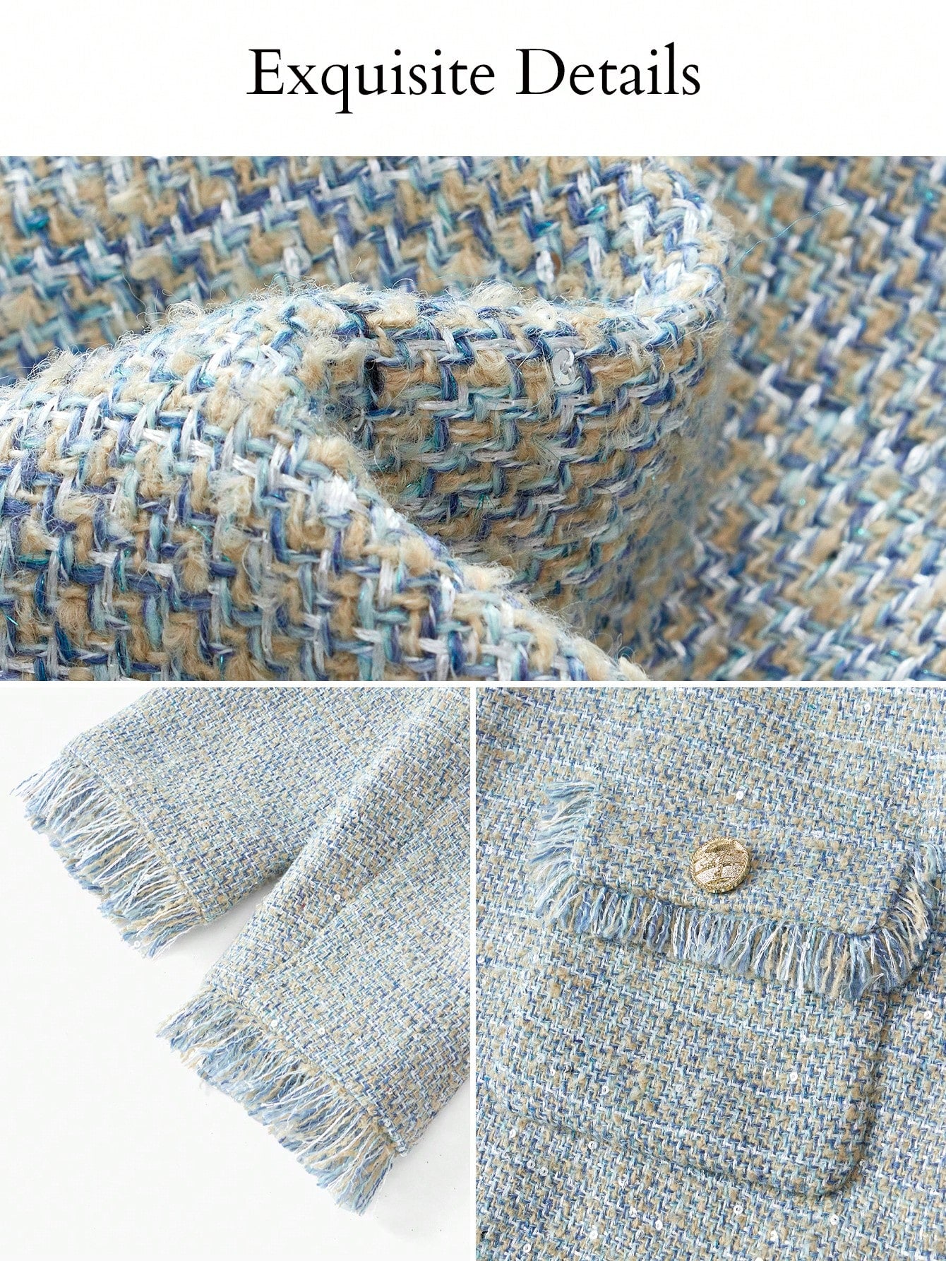 Lichtblauwe Tweedelige Tweed Set | Damespakken | Elegante en Zakelijke Uitstraling