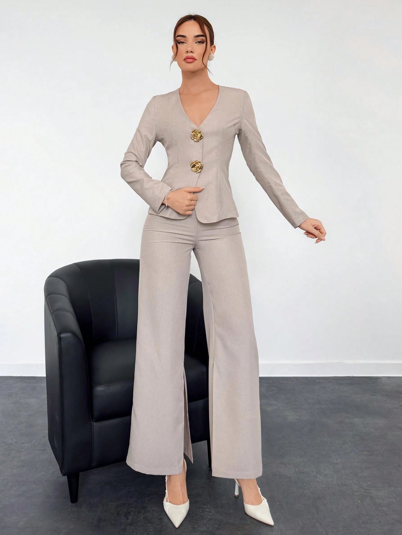 Metallic Knoop Mouwloze Top Set | Damespakken | Modieuze Tweedelige Set met Linnen Look