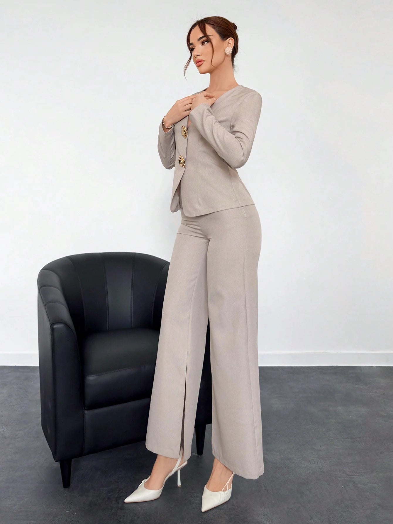 Metallic Knoop Mouwloze Top Set | Damespakken | Modieuze Tweedelige Set met Linnen Look