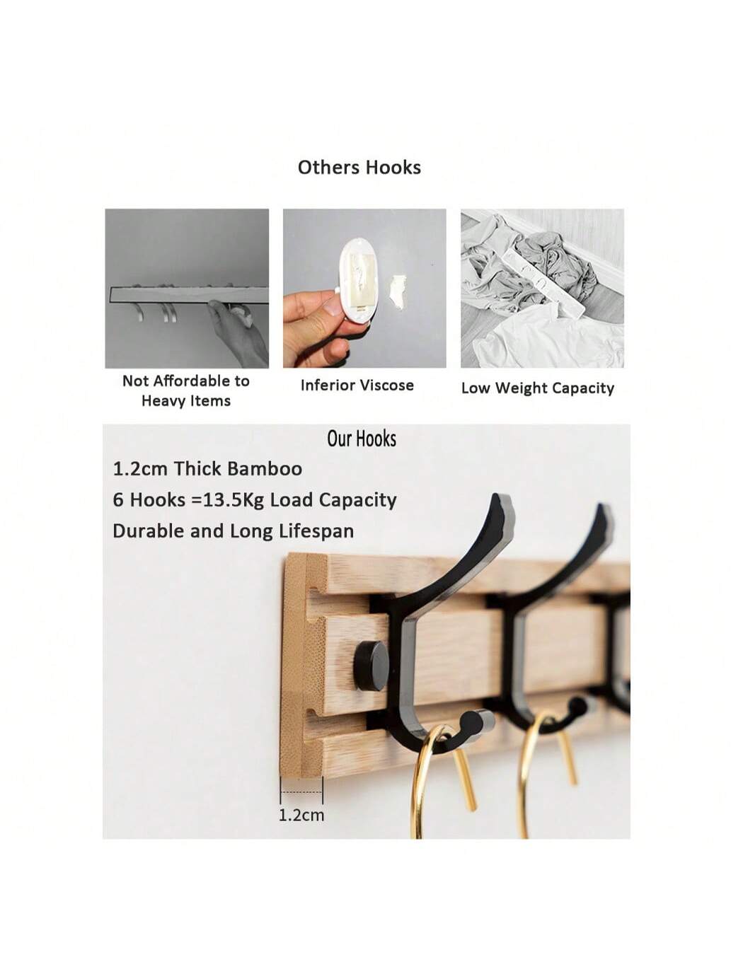 Nordic bamboe kapstok met haken | Kapstok | Minimalistische wandkapstok voor slaapkamer of hal