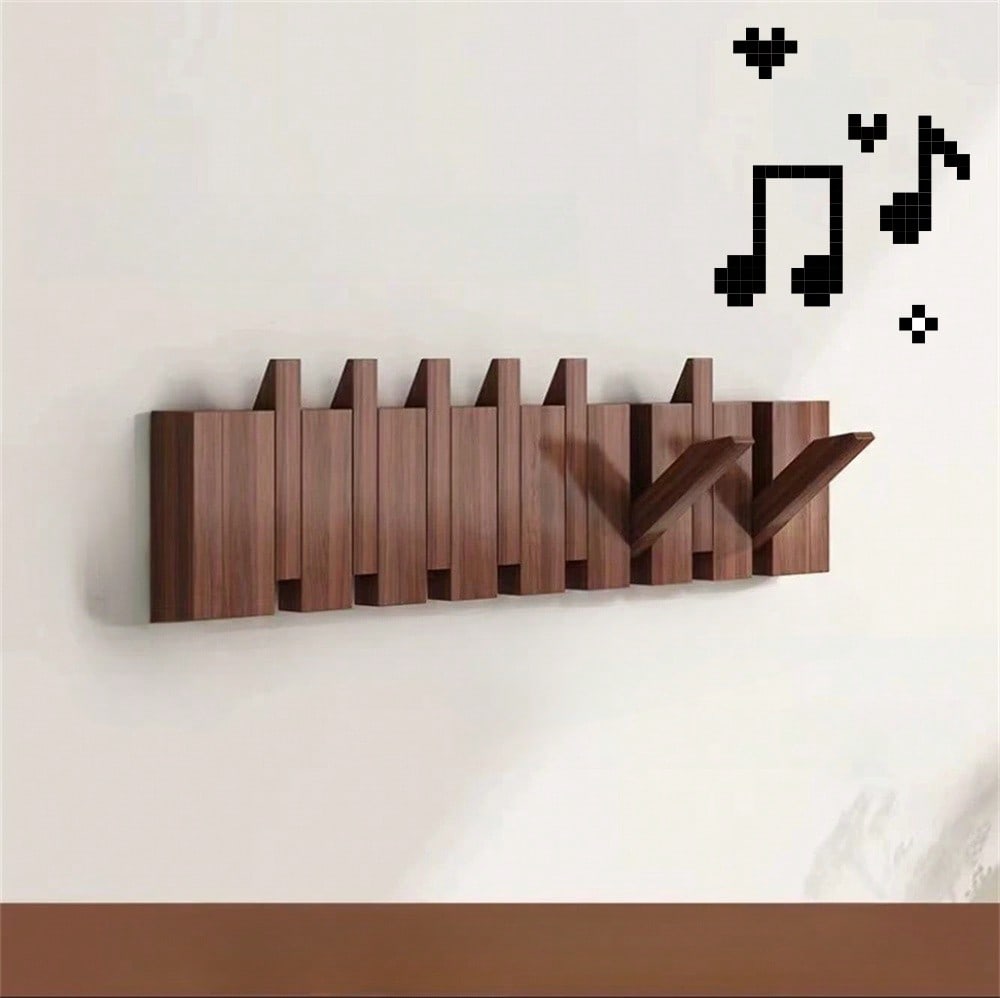 Rustieke houten kapstok in pianotoets-design | Kapstok | Opvouwbare wandplank met haken voor hal of gang