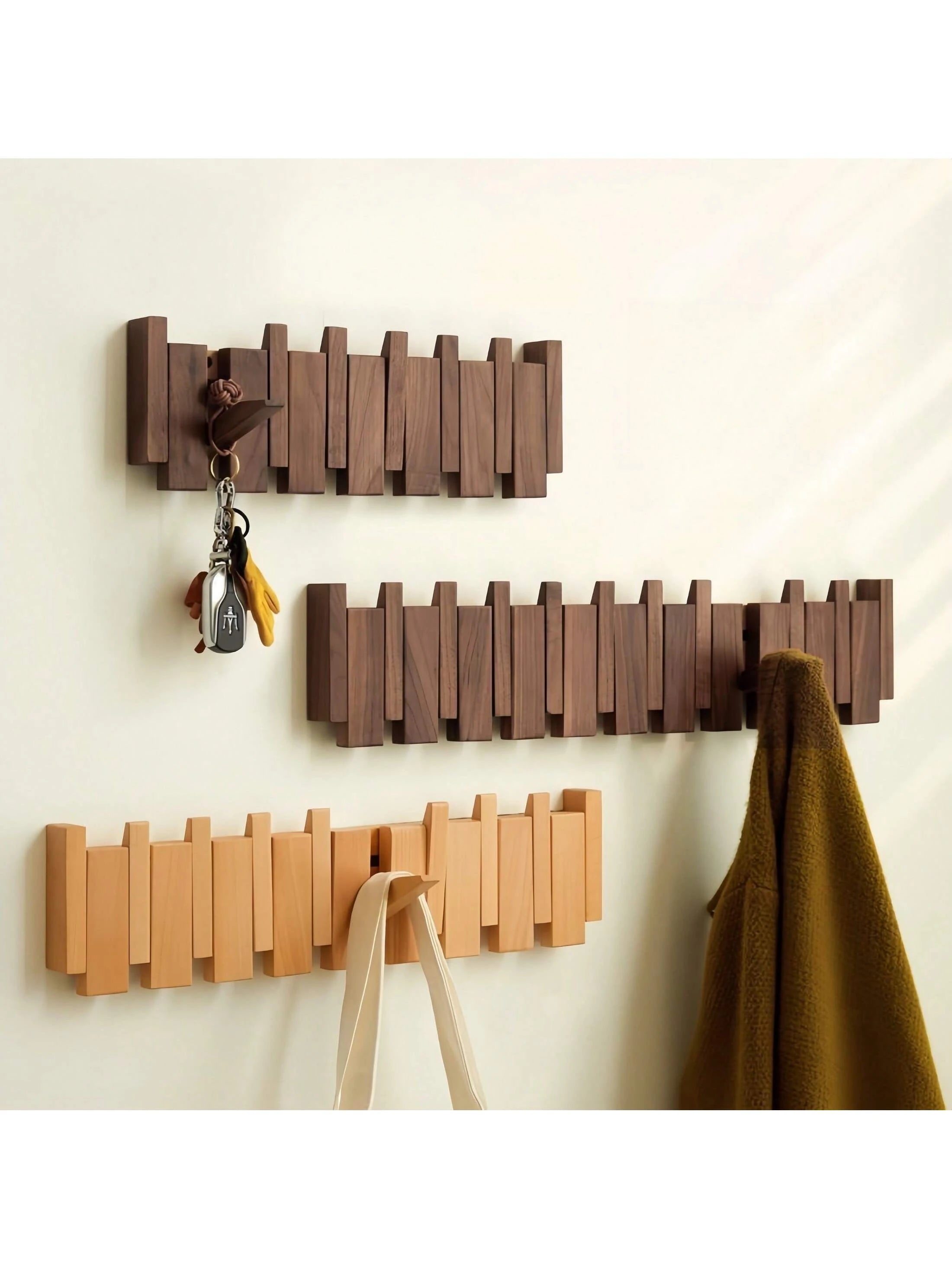 Rustieke houten kapstok in pianotoets-design | Kapstok | Opvouwbare wandplank met haken voor hal of gang
