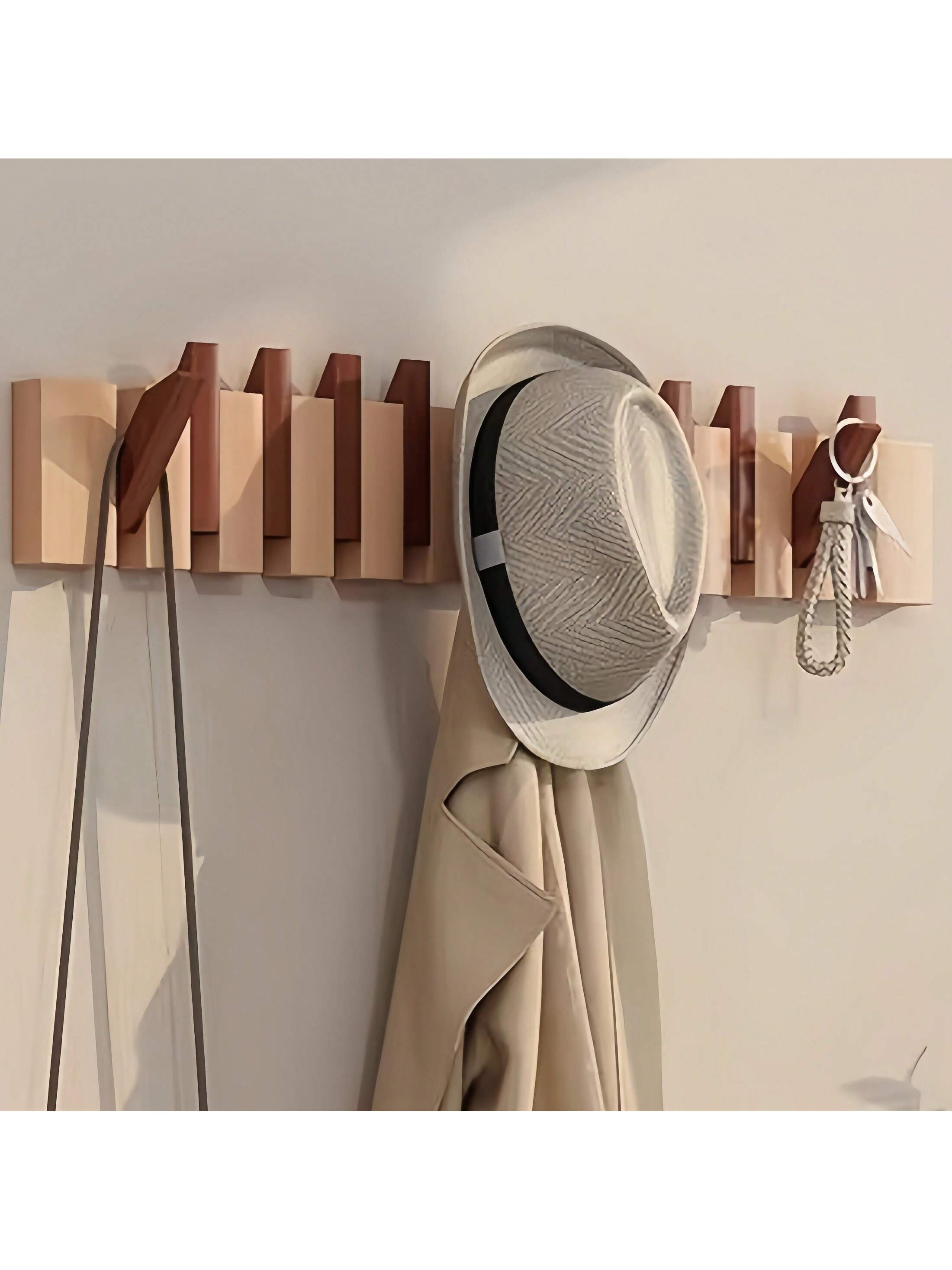 Rustieke houten kapstok in pianotoets-design | Kapstok | Opvouwbare wandplank met haken voor hal of gang