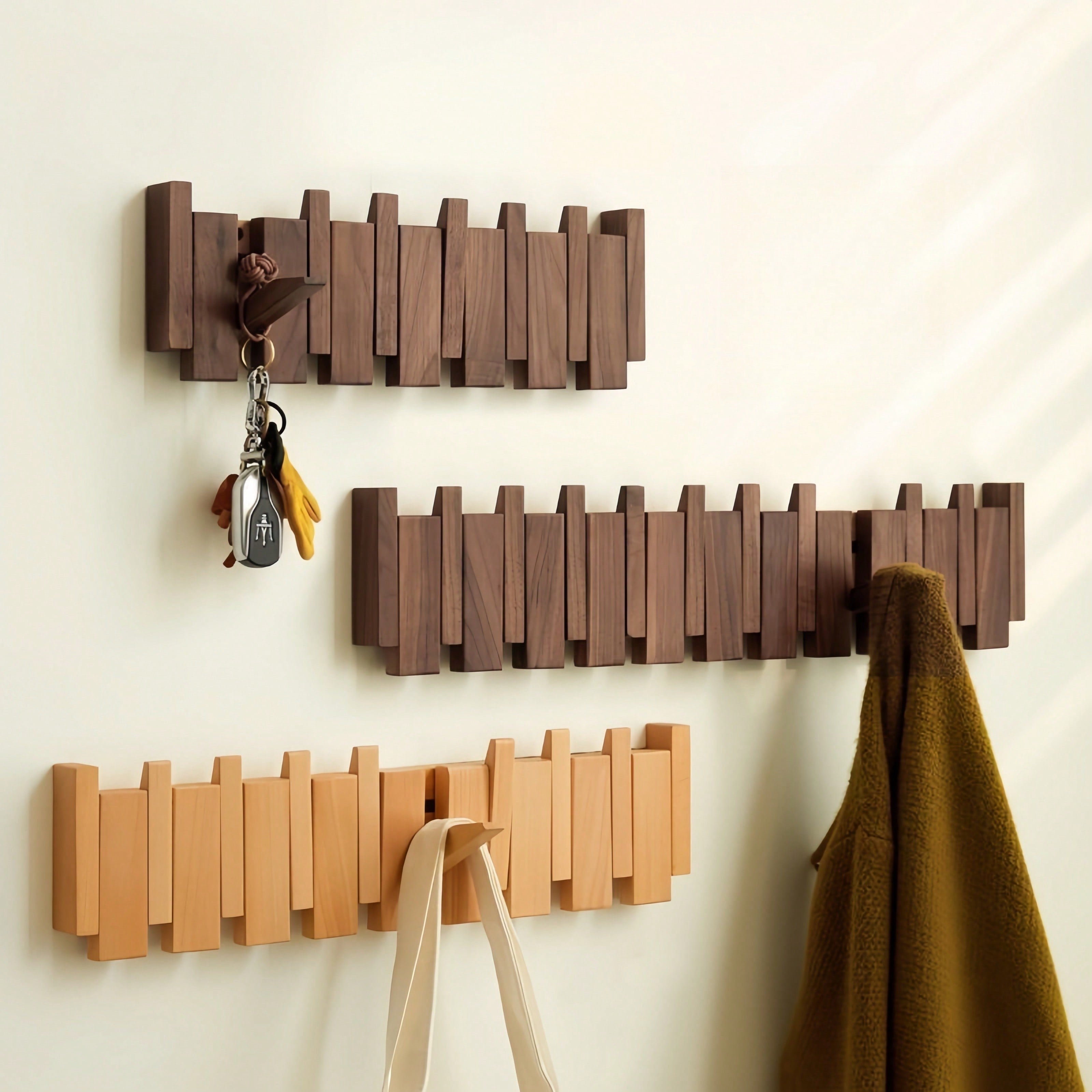 Rustieke houten kapstok in pianotoets-design | Kapstok | Opvouwbare wandplank met haken voor hal of gang