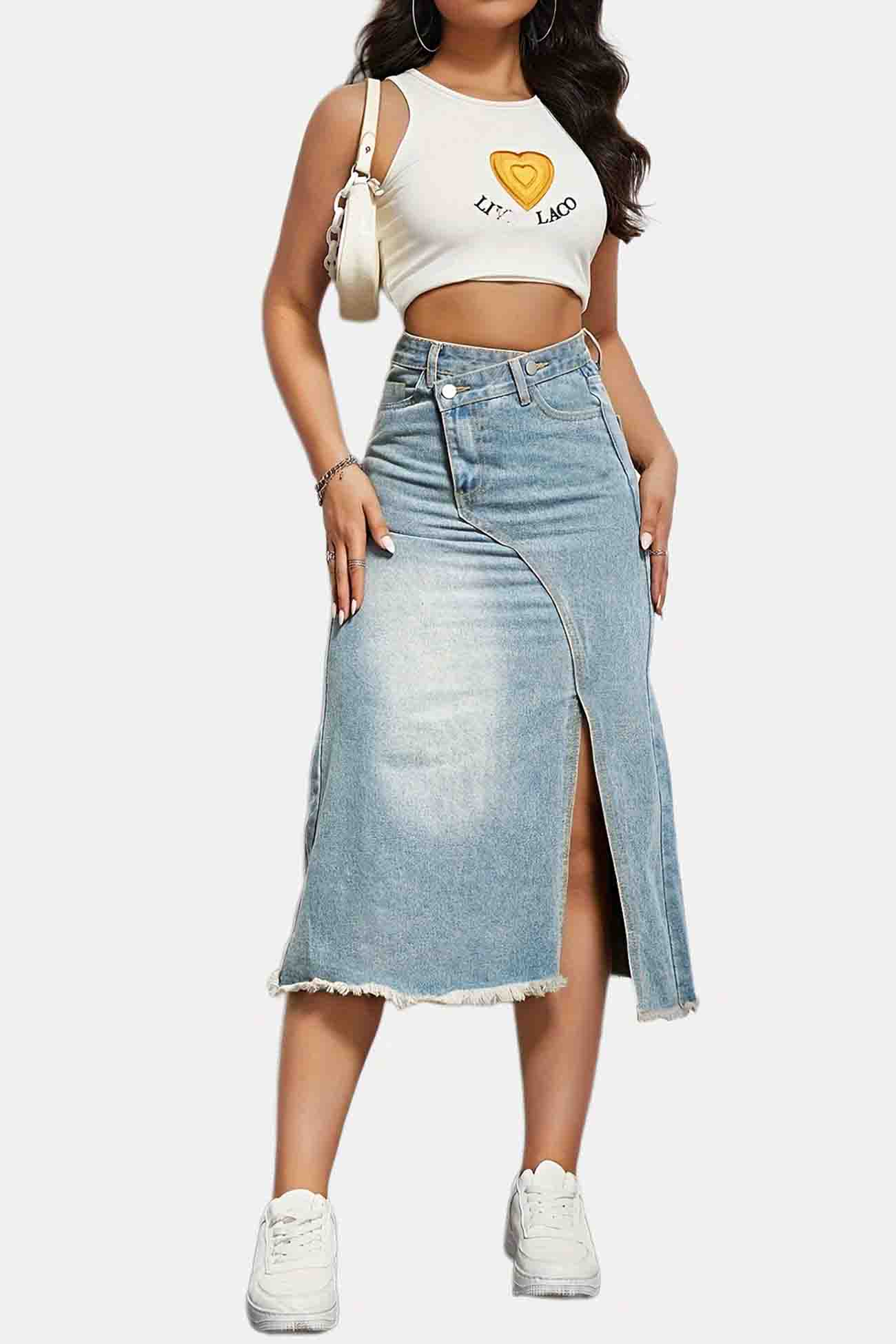 Yina | Denim midi-Rok met split aan de voorkant