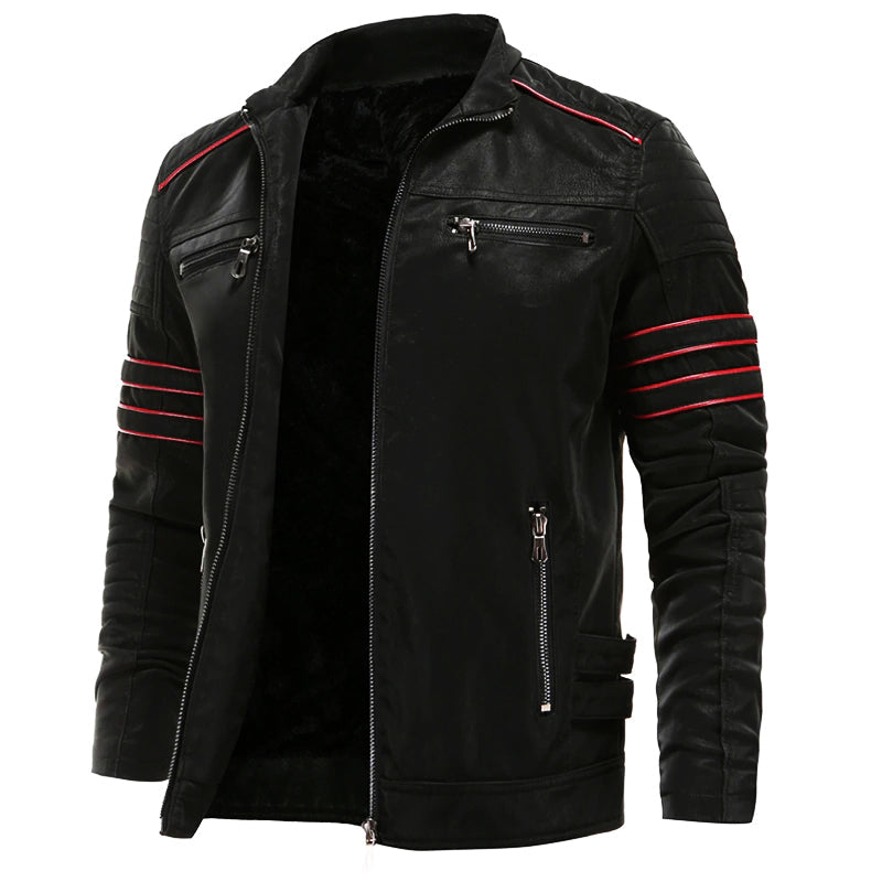 Rovak Bikerjack Heren van Imitatieleer - Zwart Jack in Bikerstijl met Rits, Opstaande Kraag en Contrasterende Strepen - Leren Look Jas voor Mannen