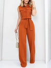 Mouwloze jumpsuit met wijde pijpen en strikceintuur - Visconte