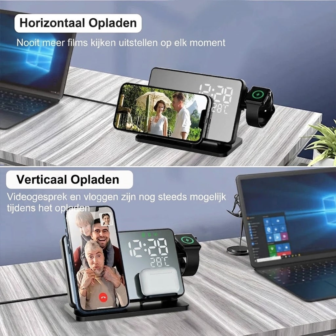 3-in-1 Draadloze Oplader - Snellaadstation met Wekker