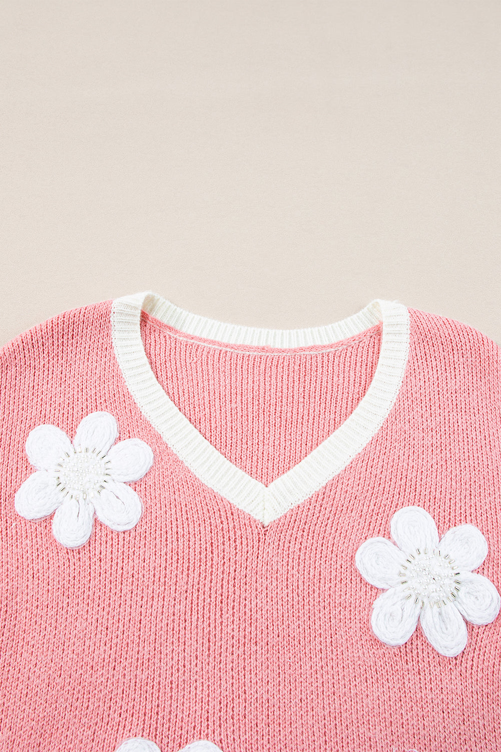 Rosa Flower V-Neck-pullover met overdunde schouders