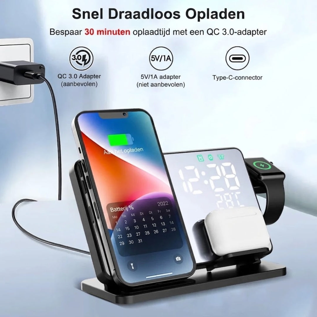 3-in-1 Draadloze Oplader - Snellaadstation met Wekker