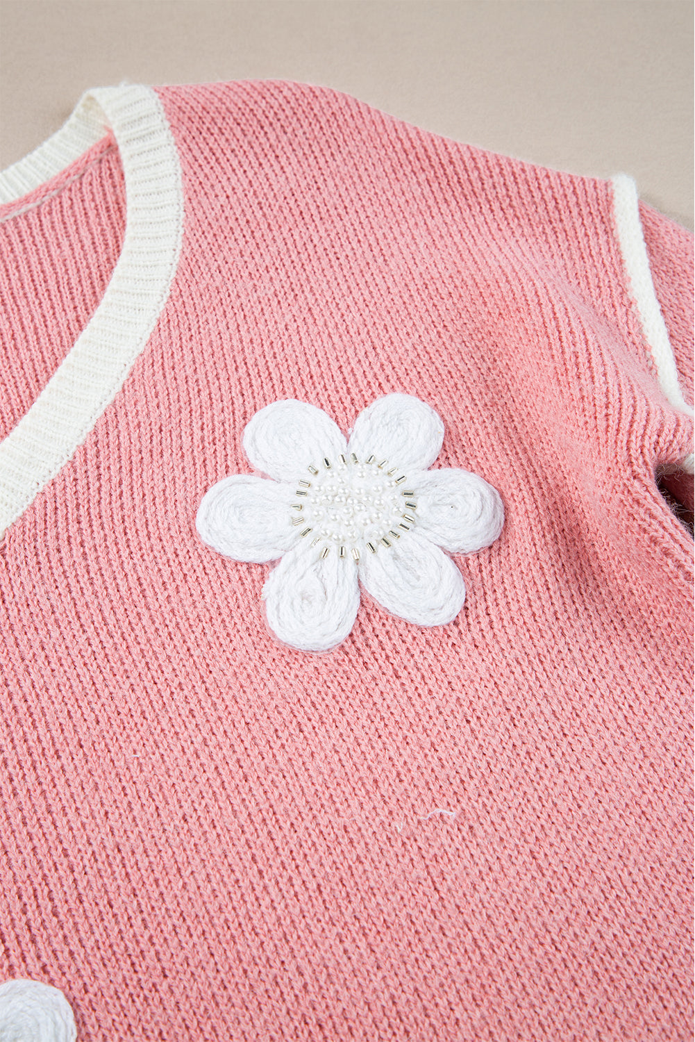 Rosa Flower V-Neck-pullover met overdunde schouders