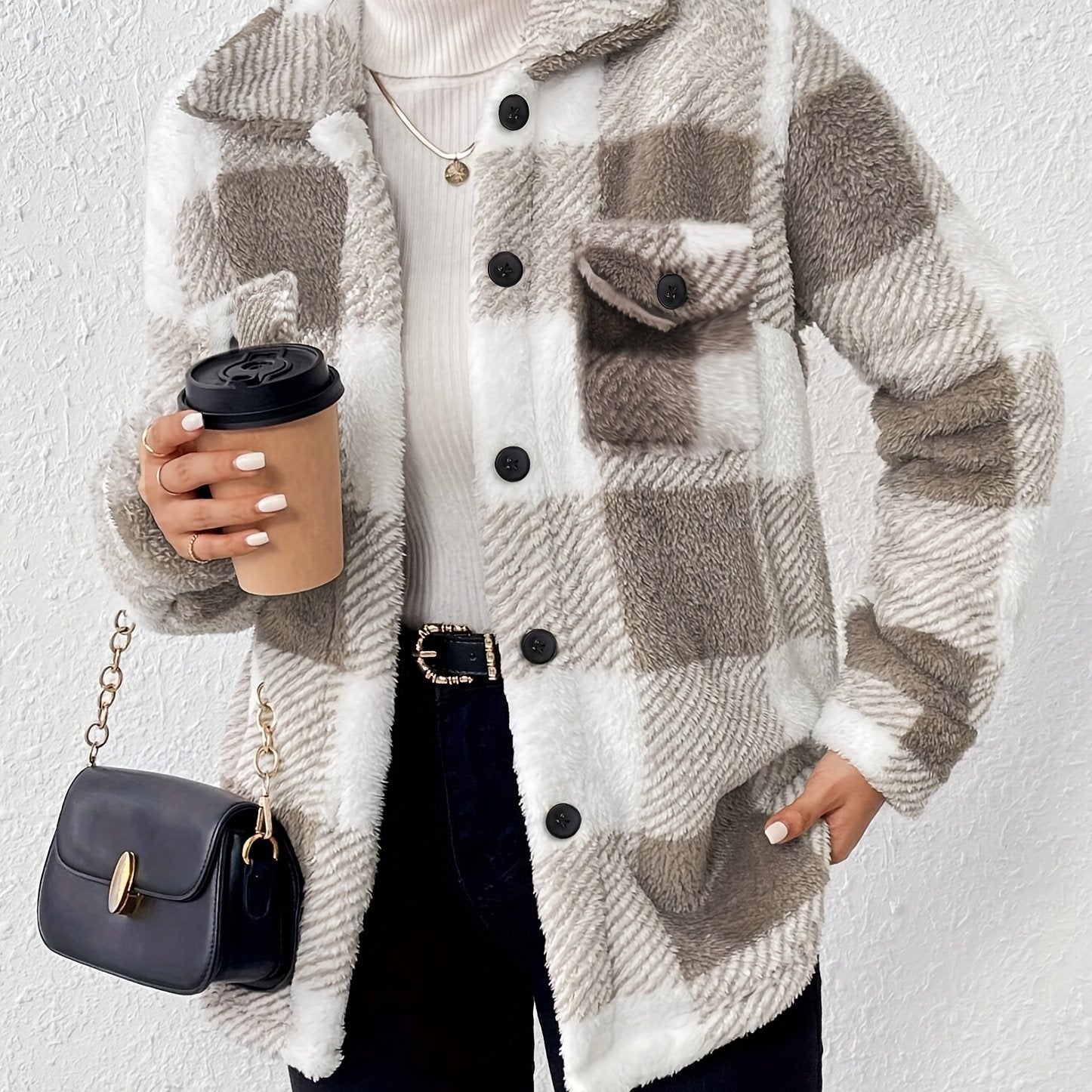 Visconte Dames Winterjas – Checkered Plush Coat met Hoge Elasticiteit, Machine-Wasbaar, Warme Jas voor Herfst & Winter
