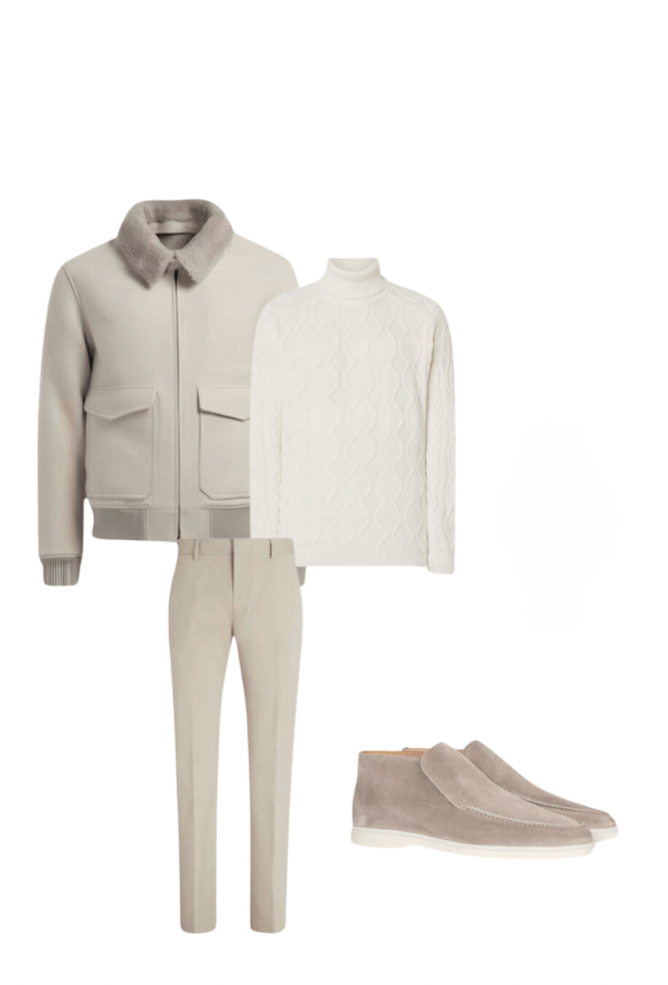 Complete Outfit Heren | Jas/Blazer + Trui/Blouse + Pantalon + Hoge Suede Loafers - Puento Fortade - TP 33 - Essential Winter Beige/Wit