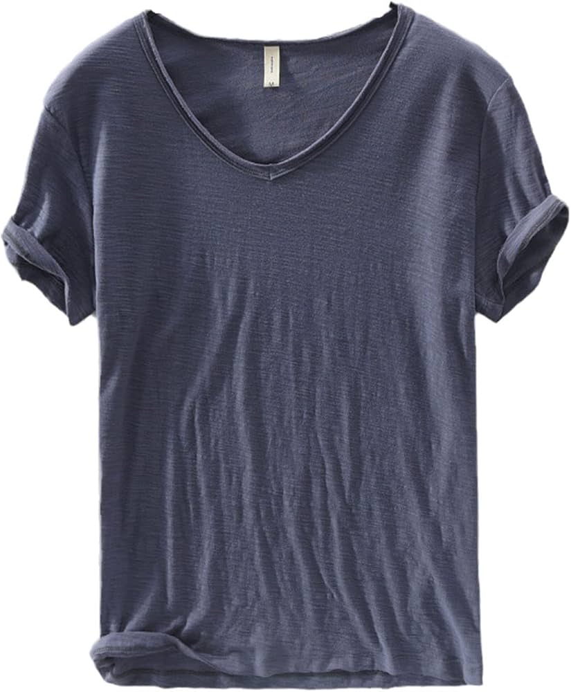 Heren V-Hals Shirt – Linnen Katoen T-Shirt met Ademende Slim Fit Pasvorm