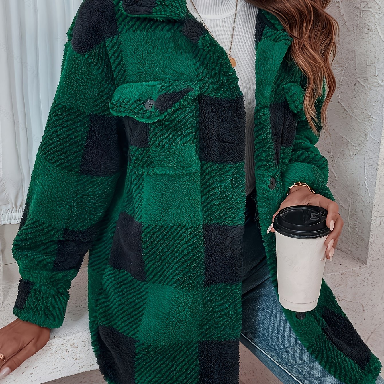 Visconte Dames Winterjas – Checkered Plush Coat met Hoge Elasticiteit, Machine-Wasbaar, Warme Jas voor Herfst & Winter