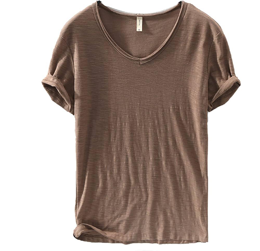 Heren V-Hals Shirt – Linnen Katoen T-Shirt met Ademende Slim Fit Pasvorm