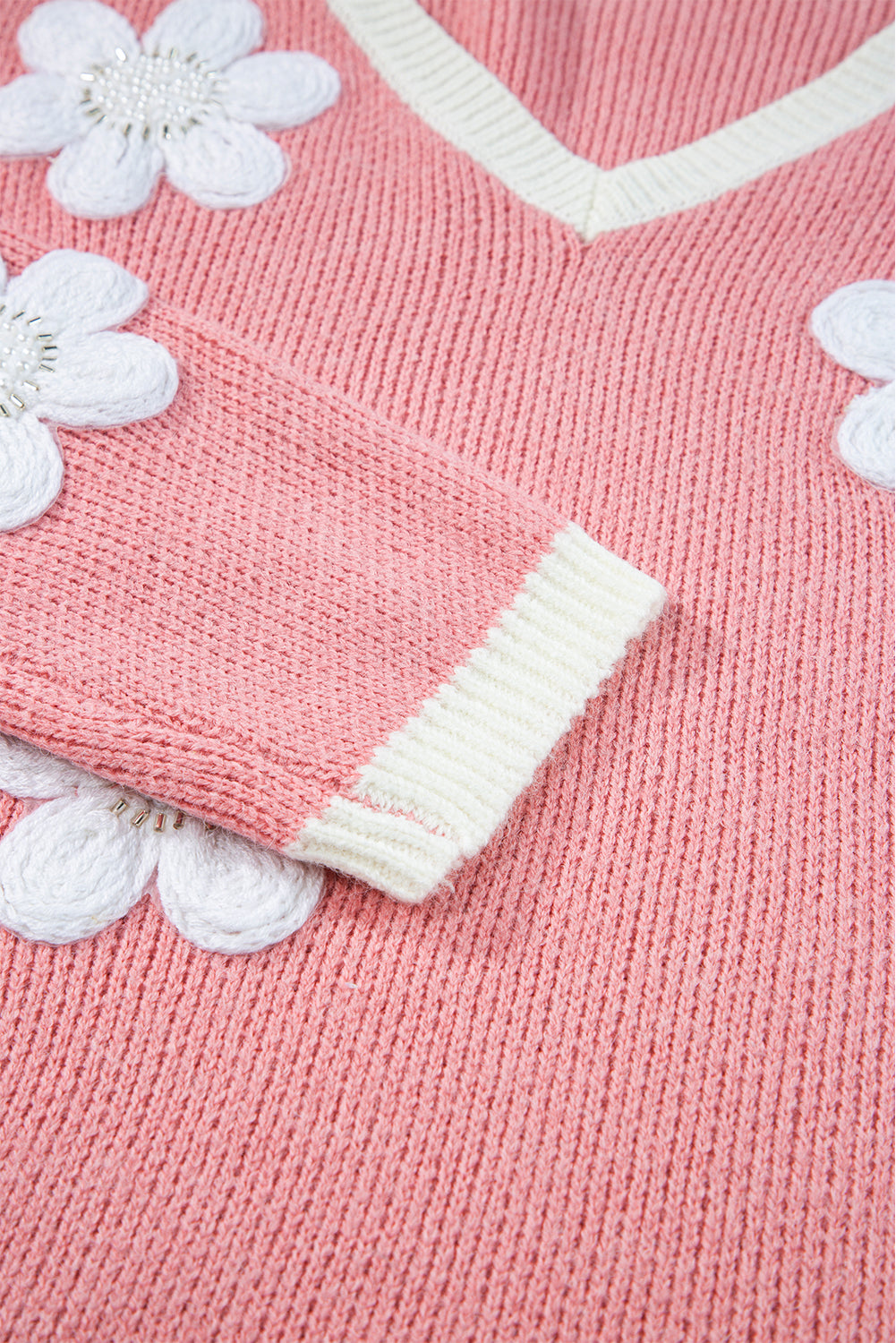 Rosa Flower V-Neck-pullover met overdunde schouders