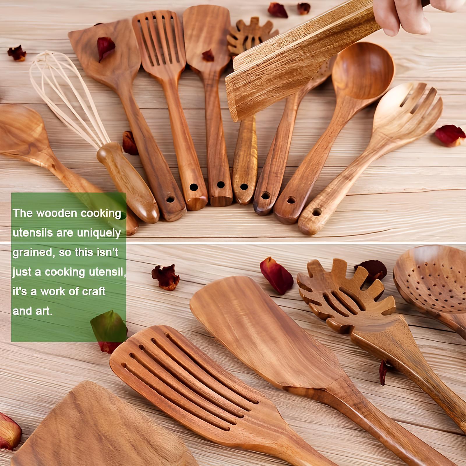 11-delige Keukengerei Set van Teakhout – Inclusief Houder – Natuurlijke Look voor de Keuken