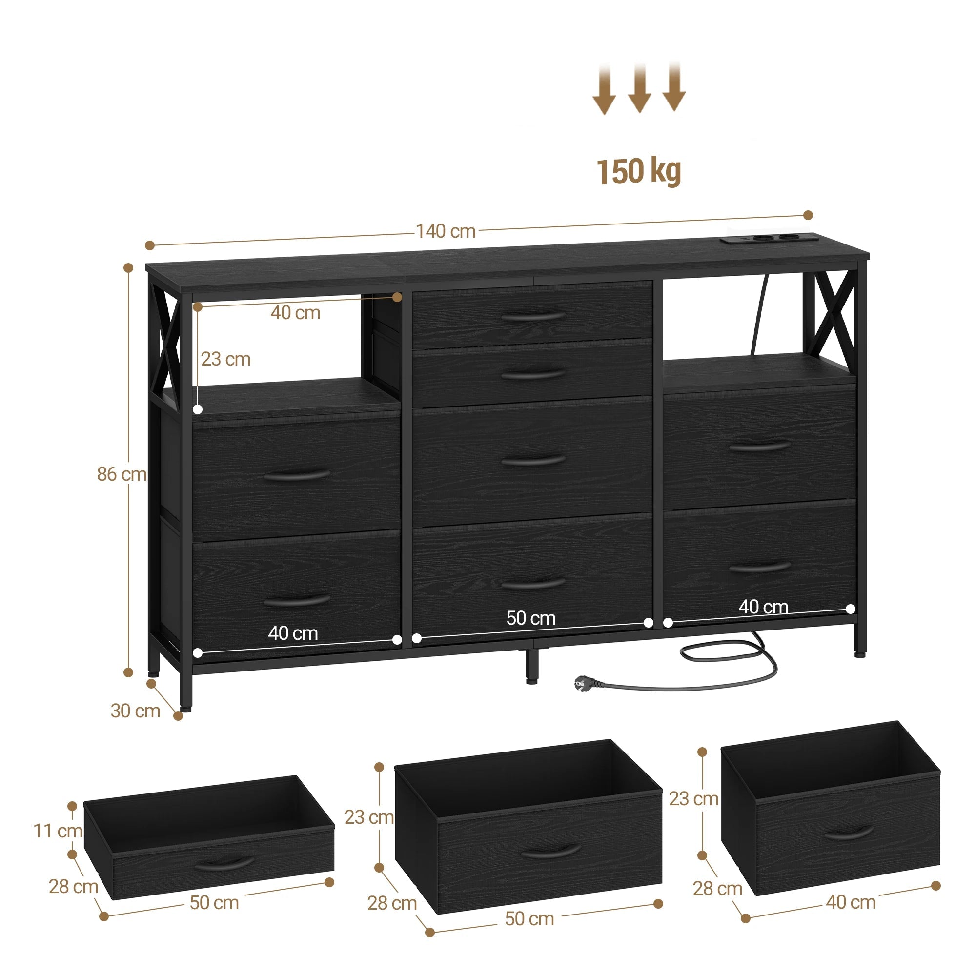 Welcro | Ladekast Dressoir | 8 lades, 140 cm, met USB en AC poorten voor slaapkamer en woonkamer