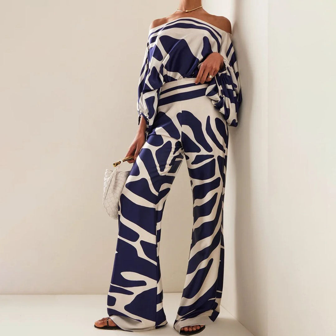 Dames Tweedelige Set – Satijnlook – Off-Shoulder Top – Hoge Taille – Wijde Pijpen
