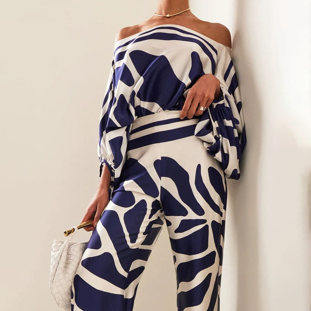Dames Tweedelige Set – Satijnlook – Off-Shoulder Top – Hoge Taille – Wijde Pijpen